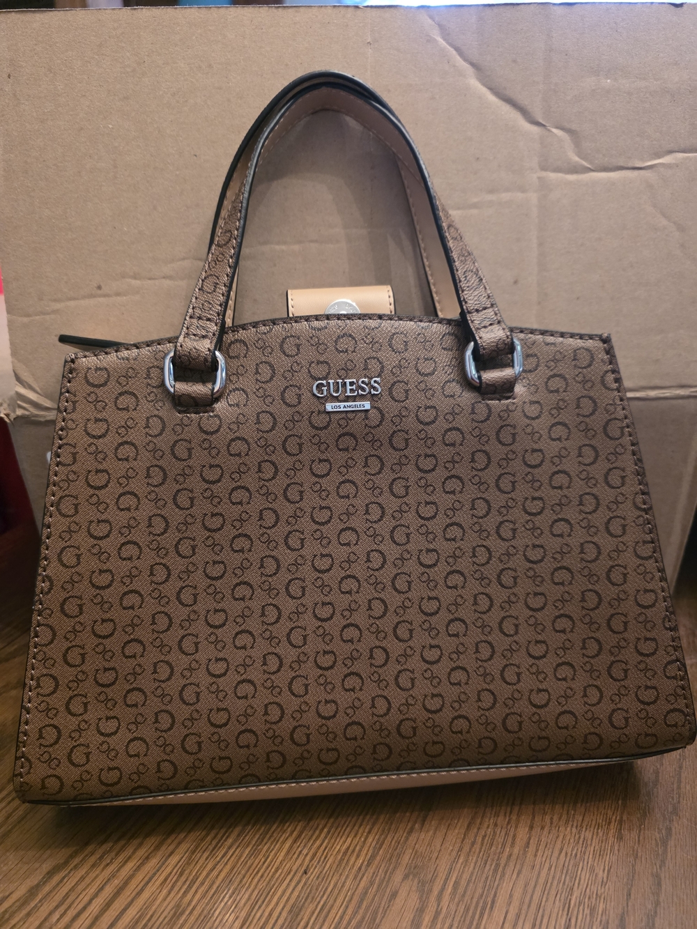 GUESS Brown Monogram Satchel with Tan Accents